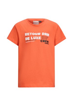 T-shirt arancione in cotone a maniche corte con testo bianco audace e dettagli neri, caratterizzato da varie frasi motivazionali stampate sul davanti.
