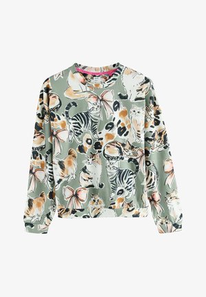Bluza z miękkiej zielonkawej tkaniny z kolorowym wzorem różnych kotów i kokardek. Długie rękawy z ściągaczami. Okrągły dekolt.