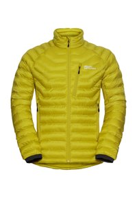 Giacca imbottita gialla brillante con zip frontale completa, tasche sul petto e laterali con zip, e logo Jack Wolfskin sul petto.