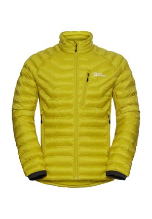 Felgeel gewatteerde jas met volledige voorrits, ritssluitingen op de borst en zijzakken, en het Jack Wolfskin-logo op de borst.