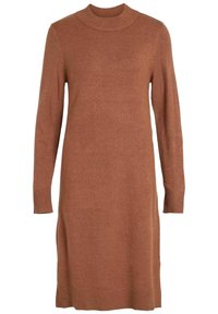Abito a maniche lunghe in morbido knit marrone a costine. Presenta un collo alto e una vestibilità comoda, che si ferma sopra le ginocchia con dettagli a costine sull'orlo.