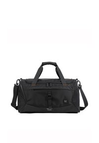 Borsa a duffel nera realizzata in resistente tessuto nylon. Caratterizzata da due manici superiori, una cinghia per spalla regolabile, una tasca frontale con zip e accenti arancioni.