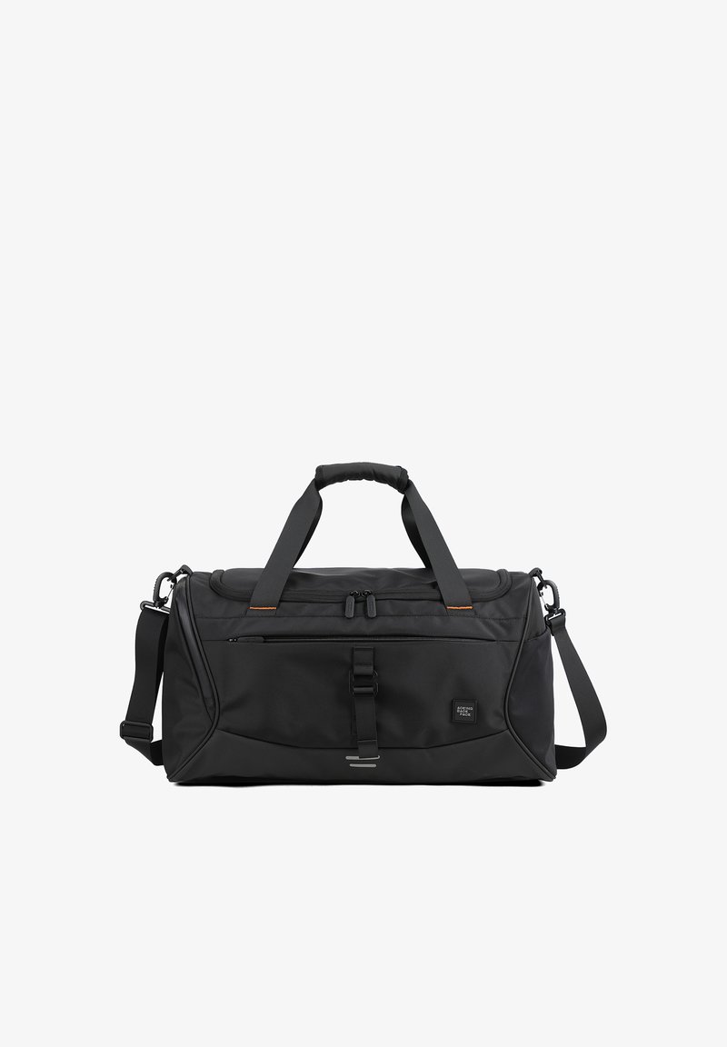 Sac de sport noir en nylon durable. Il dispose de double poignées supérieures, d'une bandoulière réglable, d'une poche zippée à l'avant et d'un accent orange.