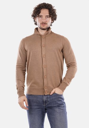 Cardigan beige con colletto alto, maniche lunghe e bottoni in legno sulla parte anteriore. Il tessuto sembra morbido e lavorato a maglia, aderente al corpo.