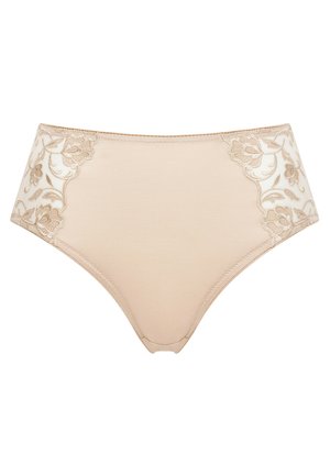 Beige high-waisted panties with floral embroidered accents in a lighter shade on the sides, made of smooth fabric with a matte finish.