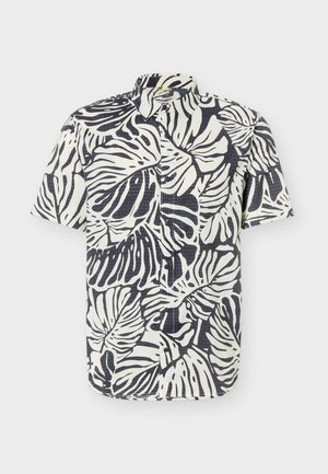 Lühikeste varrukatega nööbitav särk mustvalge troopilise lehestiku trükiga ja kraega kaelusega, esitatud ühevärvsel taustal.