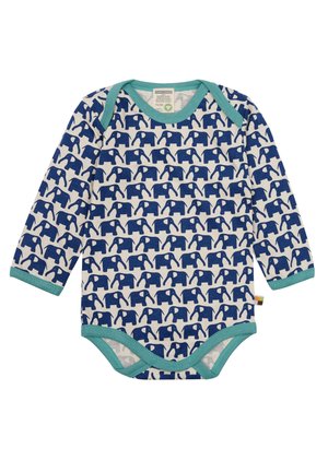 Langärmliger Baby-Bodysuit in Creme mit einem sich wiederholenden blauen Elefantenmuster, ausgestattet mit türkisfarbenen Akzenten am Hals und an den Beinausschnitten.