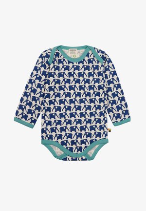 Langärmliger Baby-Bodysuit in Creme mit einem sich wiederholenden blauen Elefantenmuster, ausgestattet mit türkisfarbenen Akzenten am Hals und an den Beinausschnitten.