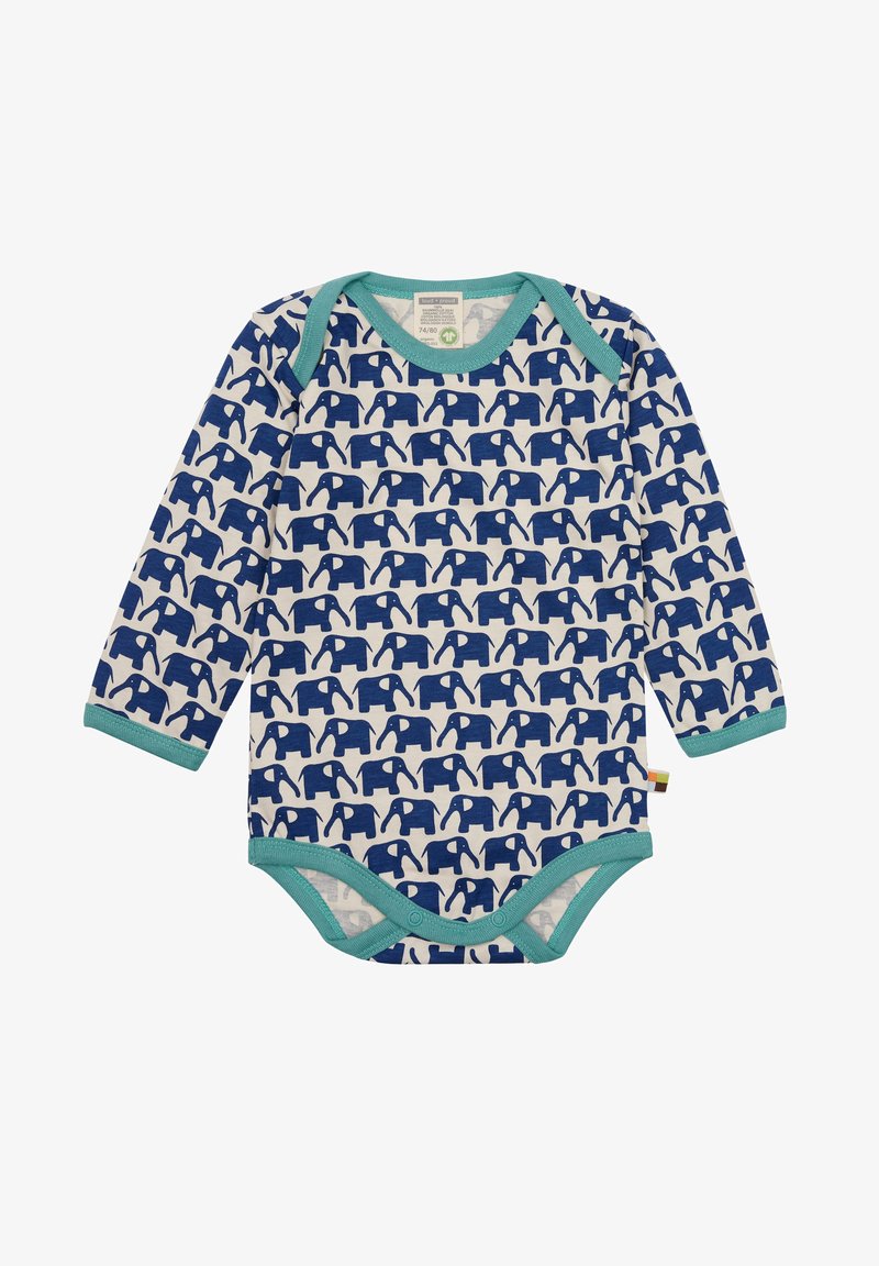 Langärmliger Baby-Bodysuit in Creme mit einem sich wiederholenden blauen Elefantenmuster, ausgestattet mit türkisfarbenen Akzenten am Hals und an den Beinausschnitten.