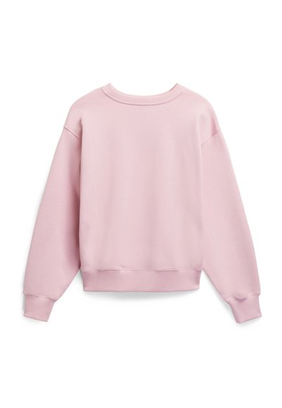 Felpa rosa chiaro con una texture morbida, vestibilità ampia, spalle scese e polsini e orlo a costine. Il retro presenta un design pulito e senza cuciture.