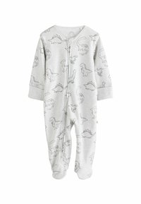 Grå bomuldsbabybody med lange ærmer og lynlås fortil. Har et dinosaurmotiv i sort outline over hele stoffet.