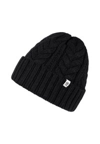 Black knitted beanie with cable knit pattern and ribbed brim. Features a small branded tag on the side. Soft wool blend material.