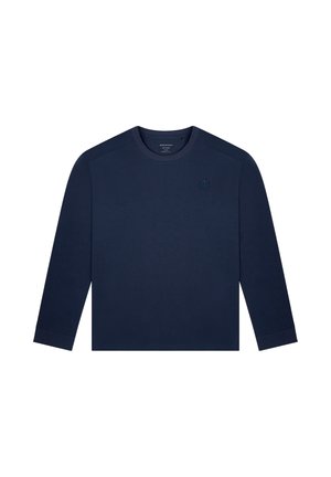 Marinblå långärmad T-shirt i mjukt tyg, med rundad urringning och diskret broderad logotyp på vänster axel.