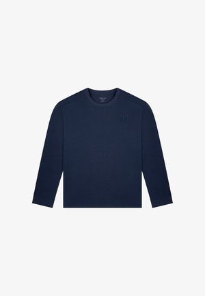 Marineblauwe longsleeve T-shirt van zacht materiaal, met een ronde halslijn en subtiele geborduurde logo op de linkerschouder.