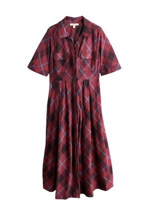 Red short-sleeve midi dress with blue and black plaid pattern, front zipper, two chest pockets, and a collar.
