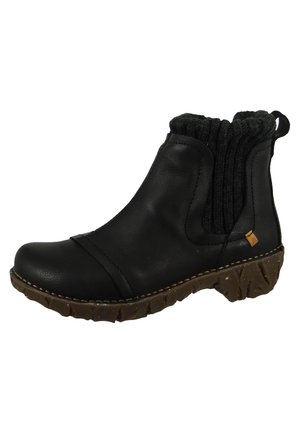 Black leather ankle boots with a textured gray knitted collar, rubber sole, and stitching detail along the edges. Round toe design.