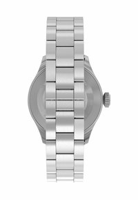 Silberner Metallarmbanduhr mit Gliederarmband, von hinten gezeigt, mit einem runden Gehäuse und einer Krone auf der rechten Seite.