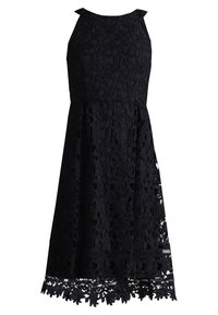 Robe midi noire en dentelle sans manches avec motif floral, corsage ajusté et ourlet festonné.