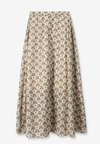 Jupe maxi en tissu léger avec un fond beige et des motifs de palmiers répétitifs dans des teintes vertes et brunes. Taille élastique.