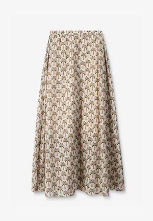Maxirock aus leichtem Stoff mit beige Hintergrund und sich wiederholenden Palmenmustern in grünen und braunen Farbtönen. Elastischer Bund.