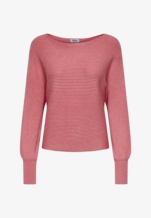 Roza pulover z rebrasto tkanino, širokim izrezom v obliki ladijskega ovratnika in dolgimi rokavi. Mehka tekstura in sproščen kroj z izrazitimi vodoravnimi črtami.