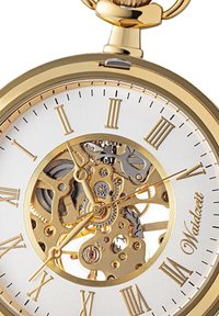 Goldene Taschenuhr mit einem weißen Ziffernblatt, römischen Ziffern, einem transparenten Bereich, der die Zahnräder zeigt, und komplizierten mechanischen Details.