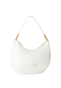 Borsa hobo in pelle bianca con una forma curva, caratterizzata da un logo dorato e dettagli in oro sulla tracolla. Texture liscia in generale.
