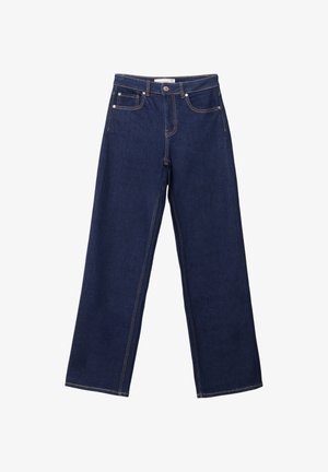 Tmavomodré široké džínsy vyrobené z denimu. Vlastnosti zahŕňajú žlté šitie a klasický dizajn s piatimi vreckami a zapínaním na gombík.
