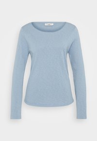 Dlouhý rukáv v světle modré barvě, vyrobený z jemné, texturované tkaniny. Má kulatý výstřih a volný střih s zakřiveným lemem.