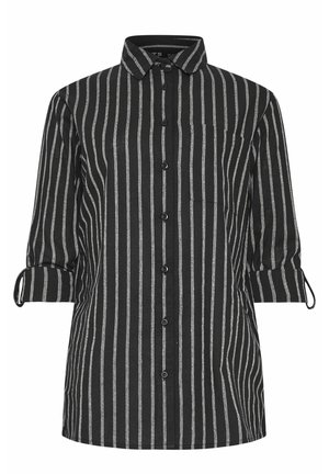 Camicia a righe nera e grigia con colletto, maniche arrotolate, una tasca sul petto e orlo dritto. Realizzata in tessuto leggero.