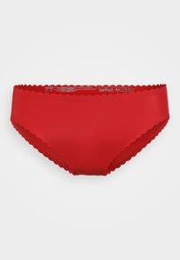 Red bikini bottom made of smooth fabric, featuring a scalloped waistband and full coverage design with no additional patterns or accents.