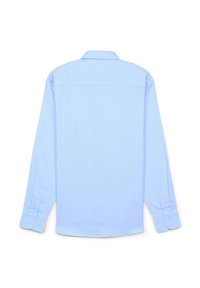 Himmelblaues Langarmhemd mit glatter Textur und klassischem Kragen. Verfügt über knöpfbare Manschetten und eine Passe über dem Rücken.