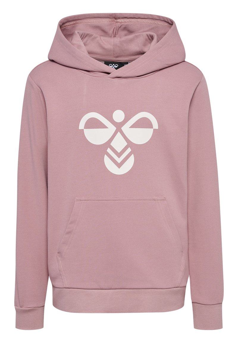 Felpa color rosa con cappuccio, caratterizzata da un design grafico bianco al centro, una tasca a marsupio frontale e polsini e orlo a costine.