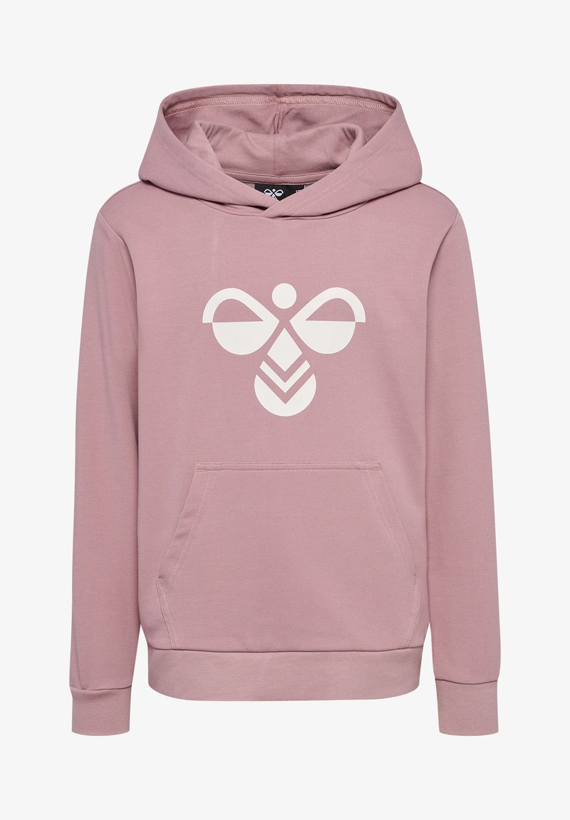 Rožinės spalvos džemperis su balta grafika centre, priekinė kišenė ir įausti rankogaliai bei apačia.