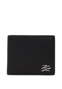 Portefeuille en cuir noir avec un design pliable, arborant un accent logo argenté. Texture lisse avec des détails de couture soignés.