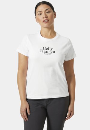 Biała bawełniana koszulka z czarnym nadrukiem "Helly Hansen Since 1877" na klatce piersiowej. Krótkie rękawy i okrągły dekolt.