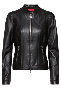 Czarna skórzana kurtka z zamkiem z przodu, stójką zapinaną na zatrzask oraz zamykanymi na zamek bocznymi kieszeniami, dopasowany fason z detalami szwów.
