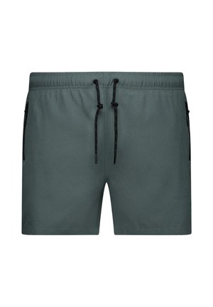 Donkergroene zwembroek voor mannen met een elastische tailleband, een zwarte trekkoord en ritszakken aan de zijkant op een witte achtergrond.