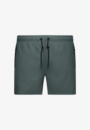 Donkergroene zwembroek voor mannen met een elastische tailleband, een zwarte trekkoord en ritszakken aan de zijkant op een witte achtergrond.