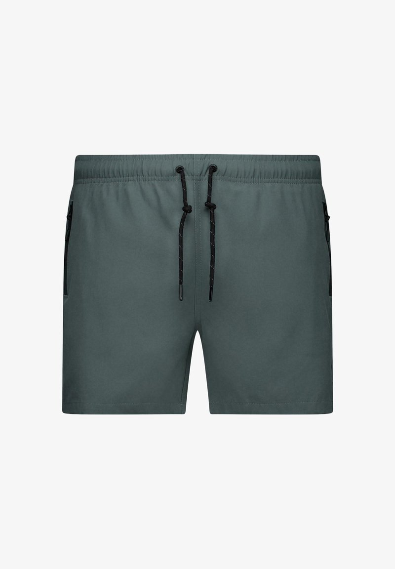 Donkergroene zwembroek voor mannen met een elastische tailleband, een zwarte trekkoord en ritszakken aan de zijkant op een witte achtergrond.