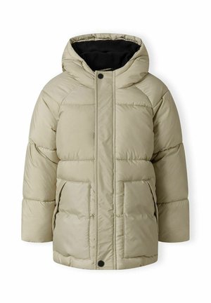 Veste rembourrée beige clair avec capuche, caractérisée par une texture matelassée, un système de fermeture à boutons-pression sur le devant et deux grandes poches plaquées. Doublure intérieure noire.
