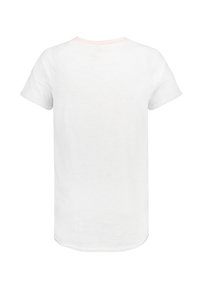Short-sleeve white T-shirt made of lightweight cotton. Features a pink stitched neckline, rounded hem, and plain texture.