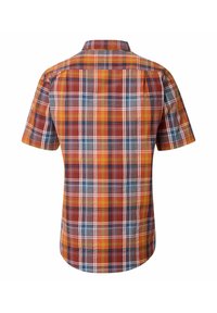 Kurzarm-Hemd mit Karomuster in Orange, Blau und Gelb, mit traditionellem Kragen und abgerundetem Saum am unteren Ende.