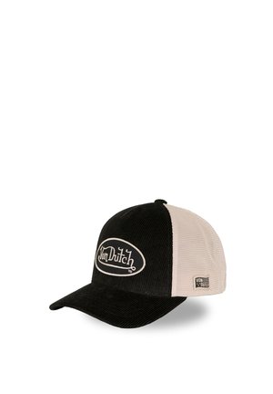 Gorra trucker Von Dutch negra y beige con parte trasera de malla y logo bordado en el frontal y parche lateral, inclinada hacia la derecha.