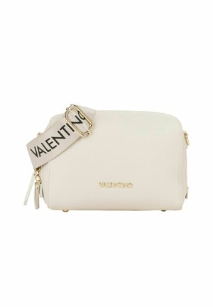 Sac bandoulière Valentino blanc avec logo doré, sangle en tissu réglable avec texte Valentino noir, et double fermeture éclair.