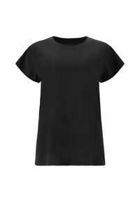 Black short-sleeve t-shirt with a round neckline, soft fabric, relaxed fit, and smooth texture. Simple design without decorative elements.