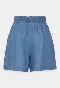 Džínové šortky s elastickým pasem, světle modré barvy, uvolněný střih, texturovaný vzor a boční kapsy.