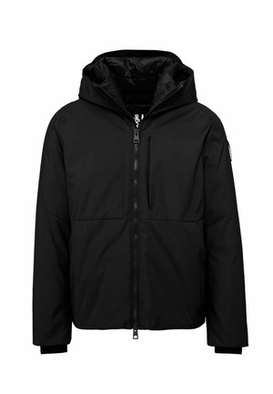 Giacca invernale imbottita nera con cappuccio, zip frontale completa e maniche lunghe, mostrata su sfondo bianco.
