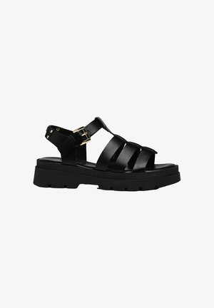 Black leather sandal with chunky platform sole, three front straps, an ankle strap, and a gold buckle closure on a white background.