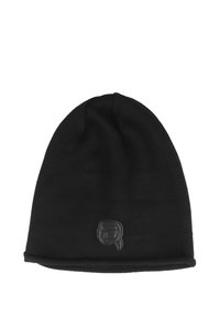Berretto a maglia nero con risvolto, caratterizzato da un'etichetta testurizzata con il logo di un personaggio con occhiali da sole sul fronte.